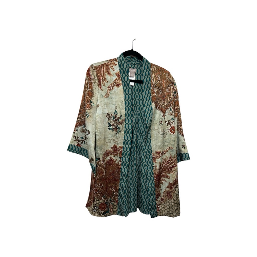 Chico’s Paisley Open Front Kimono with Teal Geometric Trim